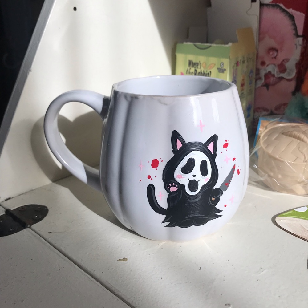 Cute White Ceramic Mug with Black Cat-Reaper Design